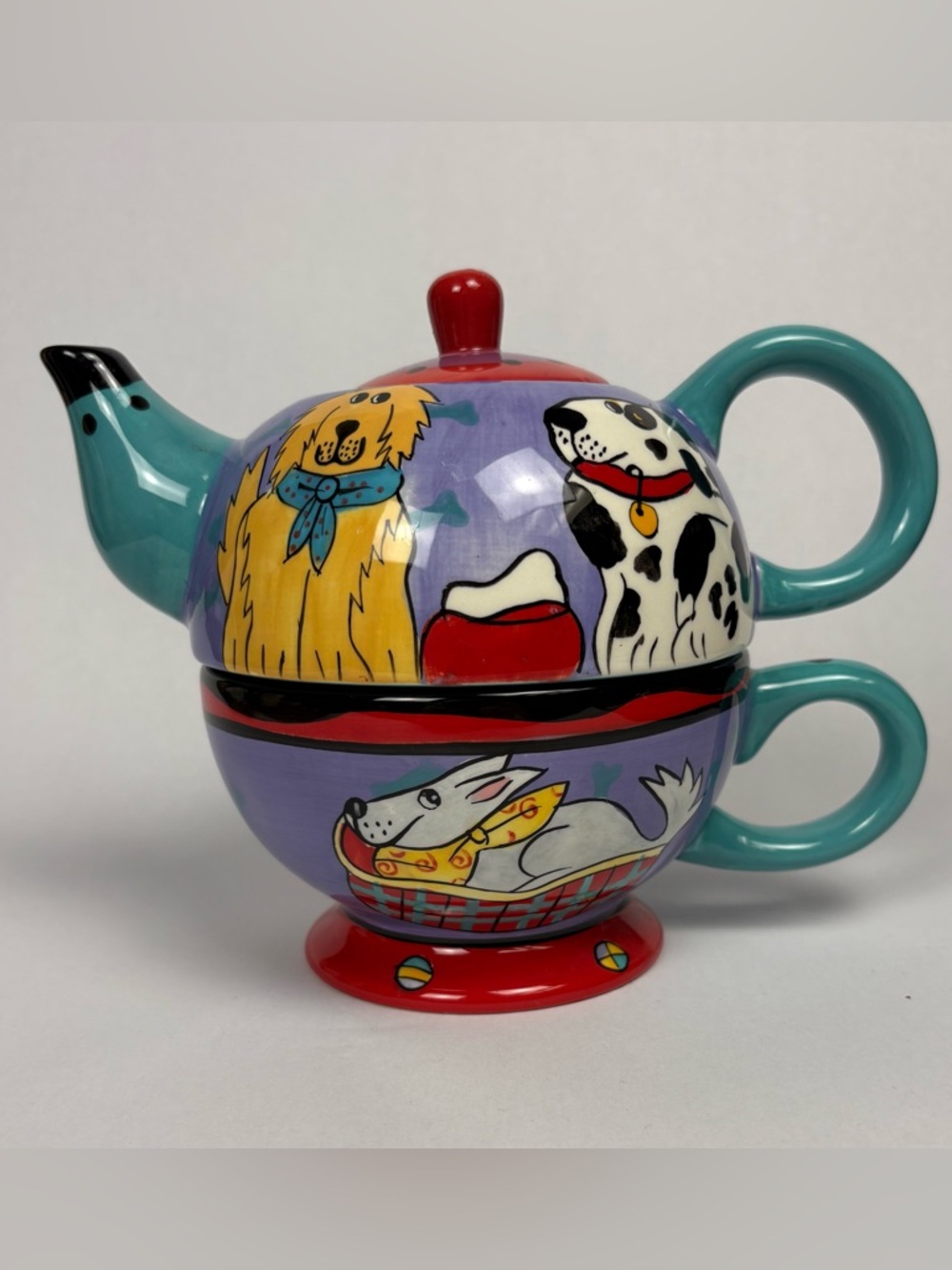 Colorful Purple and Teal Ceramic Teapot and Cup Set with Dog Motif